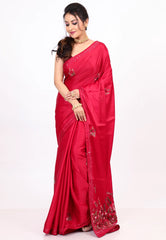 Red Kantha Silk Saree With Blouse Piece - Adi Akshoy & co.