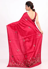 Red Kantha Silk Saree With Blouse Piece - Adi Akshoy & co.