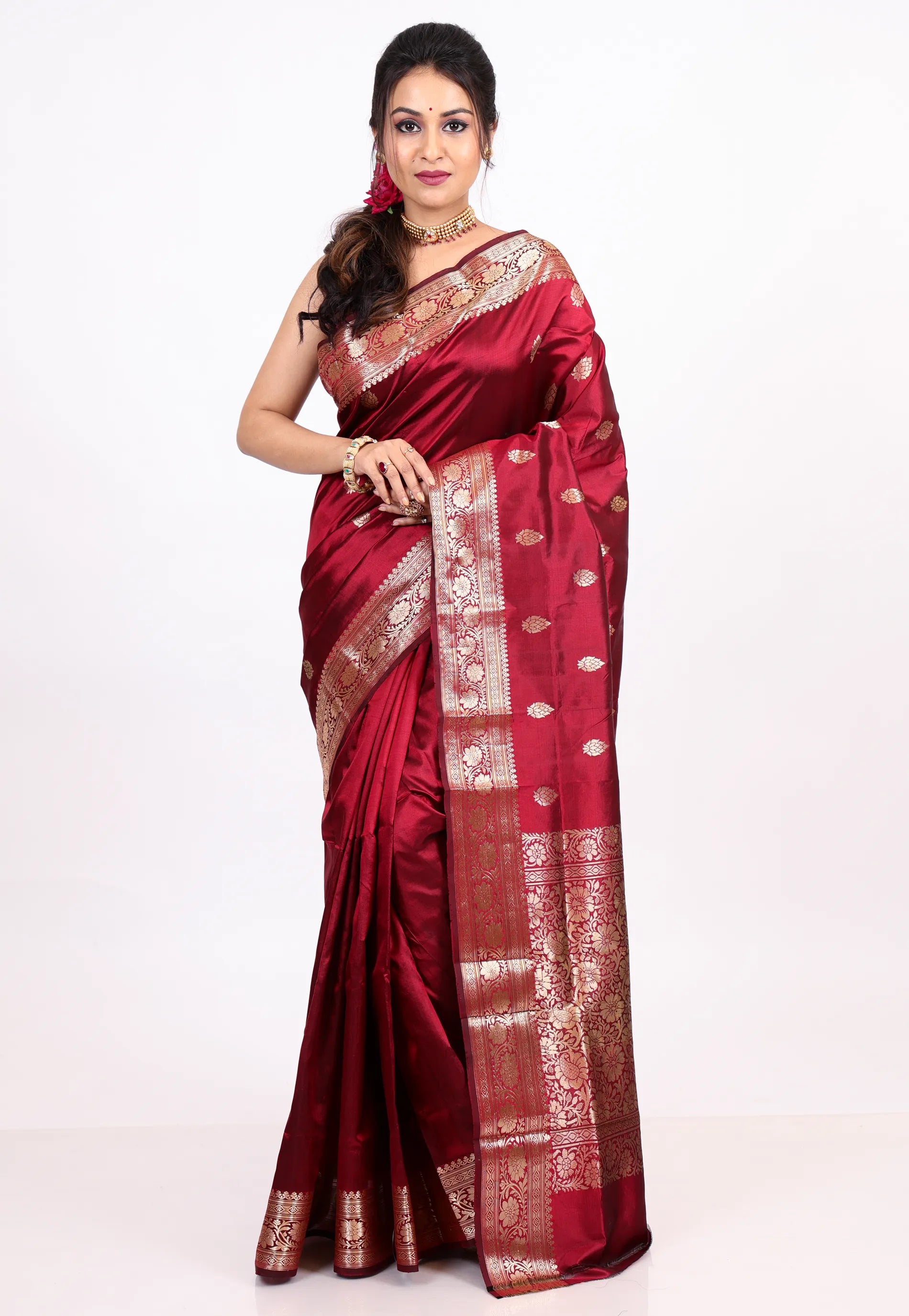 Maroon Pure Katan Silk Saree with Blouse Piece - Adi Akshoy & co.