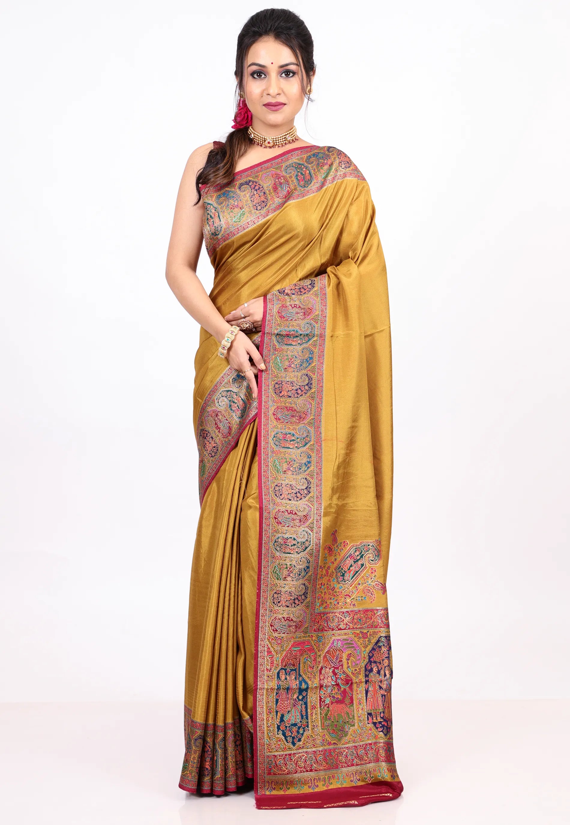 Mustard Yellow Kani Silk Saree with Blouse Piece - Adi Akshoy & co.