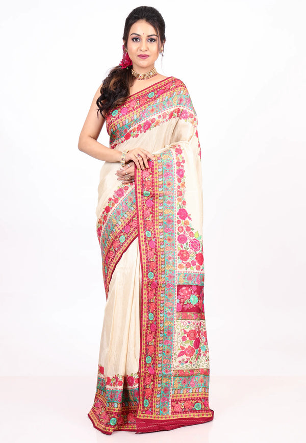 Beige Cream colour Kani Silk Saree with Blouse Piece - Adi Akshoy & co.