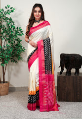 Off White with Rani Pink Border Ikkat Saree With Blouse Piece