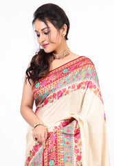 Beige Cream colour Kani Silk Saree with Blouse Piece - Adi Akshoy & co.