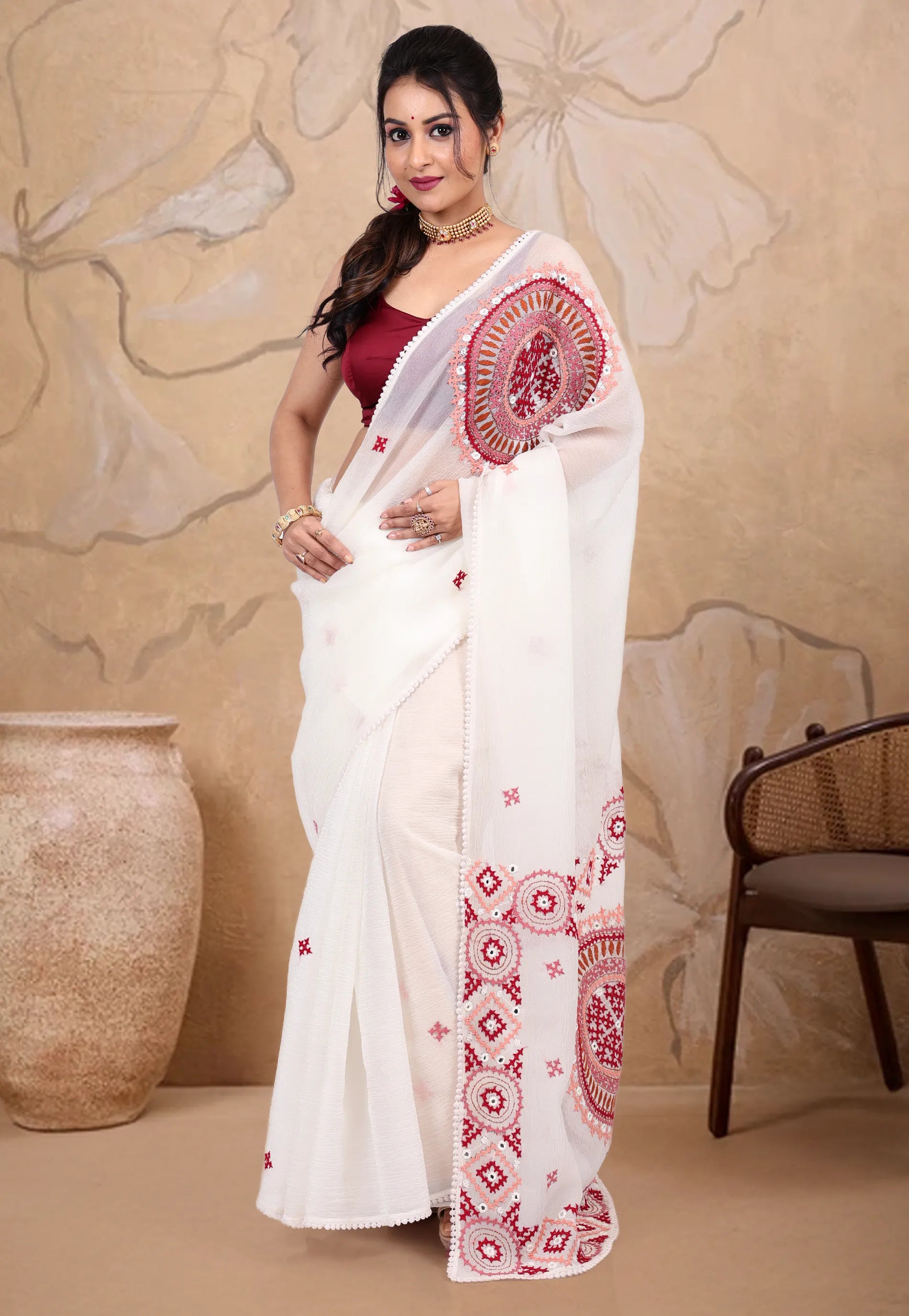 White Crush Tissue Kantha Silk Saree With Blouse Piece - Adi Akshoy & co.