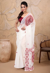 White Crush Tissue Kantha Silk Saree With Blouse Piece - Adi Akshoy & co.