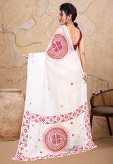 White Crush Tissue Kantha Silk Saree With Blouse Piece - Adi Akshoy & co.