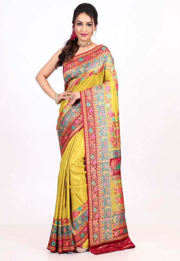 Mustard Yellow Kani Silk Saree with Blouse Piece - Adi Akshoy & co.