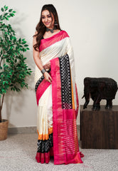 Off White with Rani Pink Border Ikkat Saree With Blouse Piece