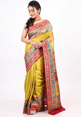 Mustard Yellow Kani Silk Saree with Blouse Piece - Adi Akshoy & co.