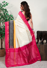 Off White with Rani Pink Border Ikkat Saree With Blouse Piece