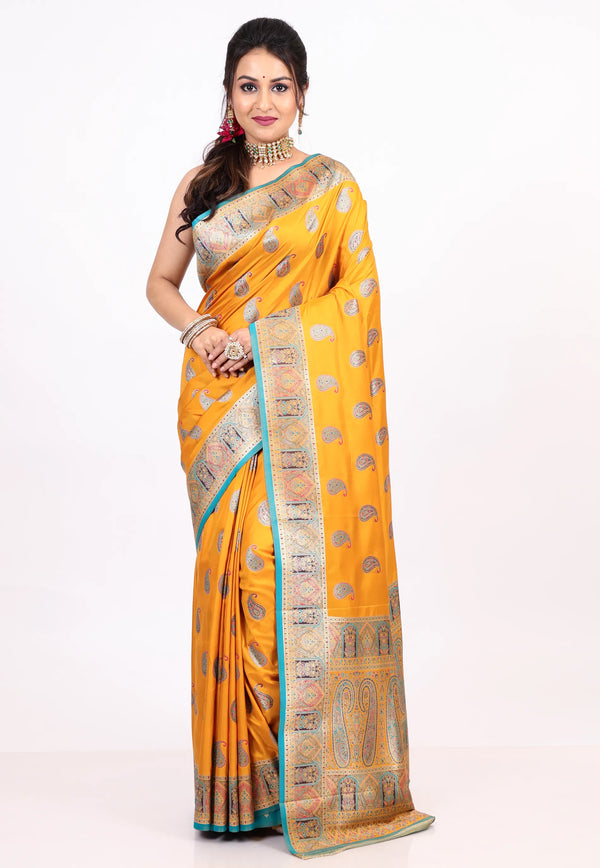 Mustard Yellow Kani Silk Saree with Blouse Piece - Adi Akshoy & co.