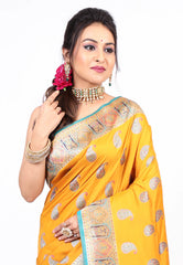 Mustard Yellow Kani Silk Saree with Blouse Piece - Adi Akshoy & co.