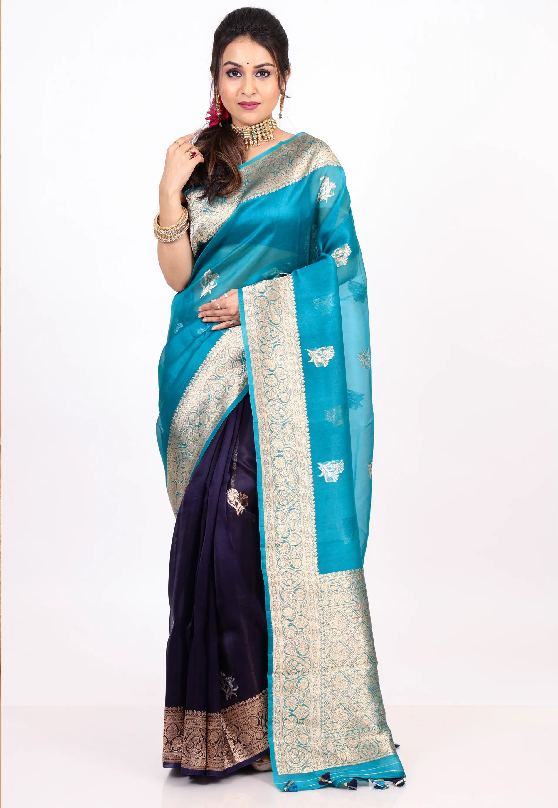 Feroza Blue Pure Kora Silk Saree with Blouse Piece - Adi Akshoy & co.