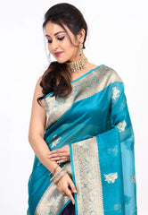 Feroza Blue Pure Kora Silk Saree with Blouse Piece - Adi Akshoy & co.