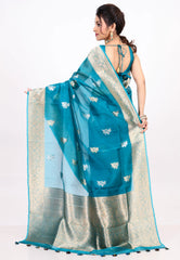 Feroza Blue Pure Kora Silk Saree with Blouse Piece - Adi Akshoy & co.