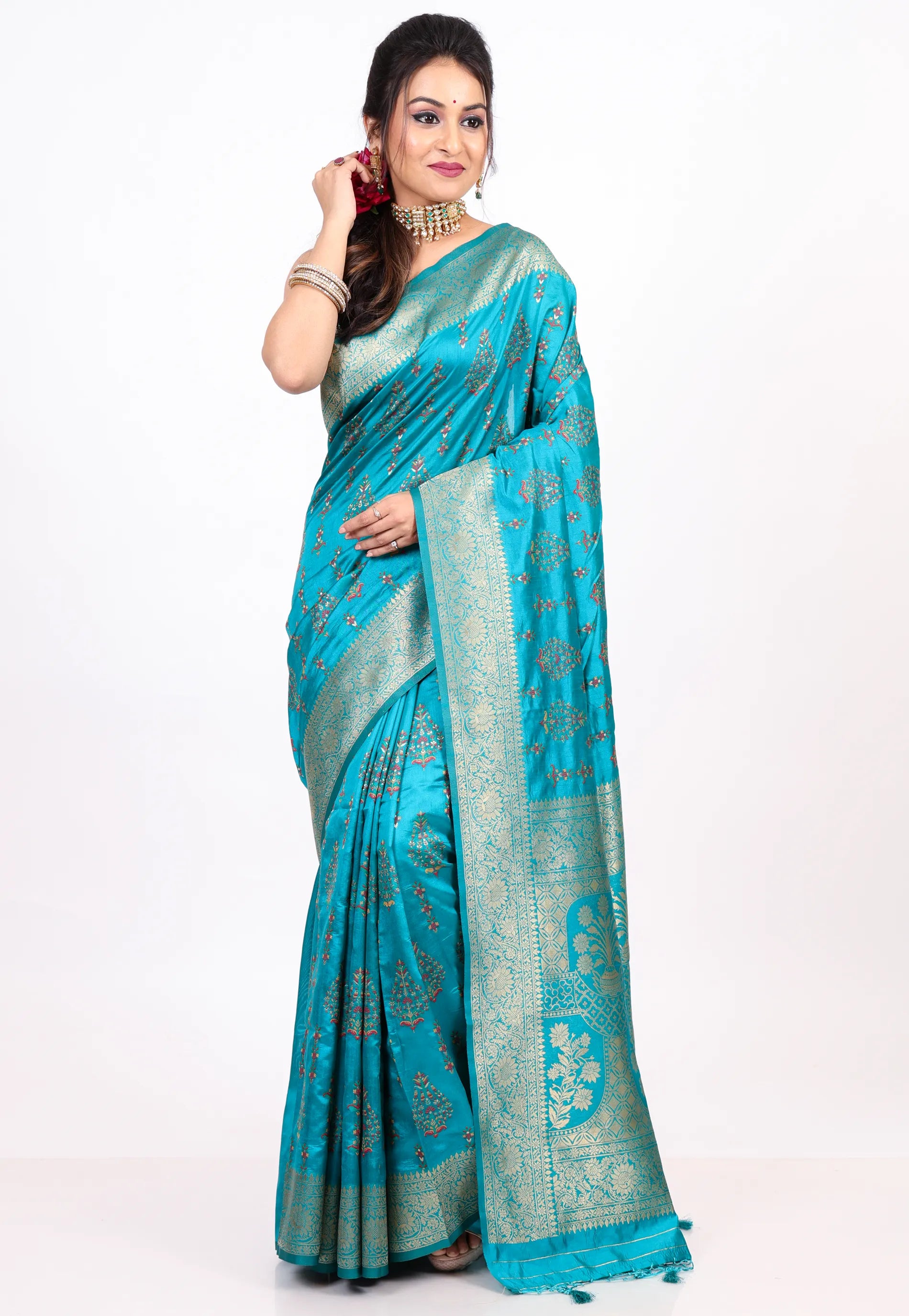 Feroza Blue Katan Silk Saree with Blouse Piece - Adi Akshoy & co.