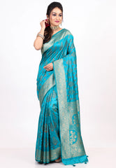 Feroza Blue Katan Silk Saree with Blouse Piece - Adi Akshoy & co.