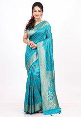 Feroza Blue Katan Silk Saree with Blouse Piece - Adi Akshoy & co.