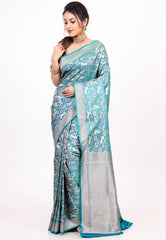 Feroza Blue Shikargah Katan Silk Saree With Blouse Piece - Adi Akshoy & co.
