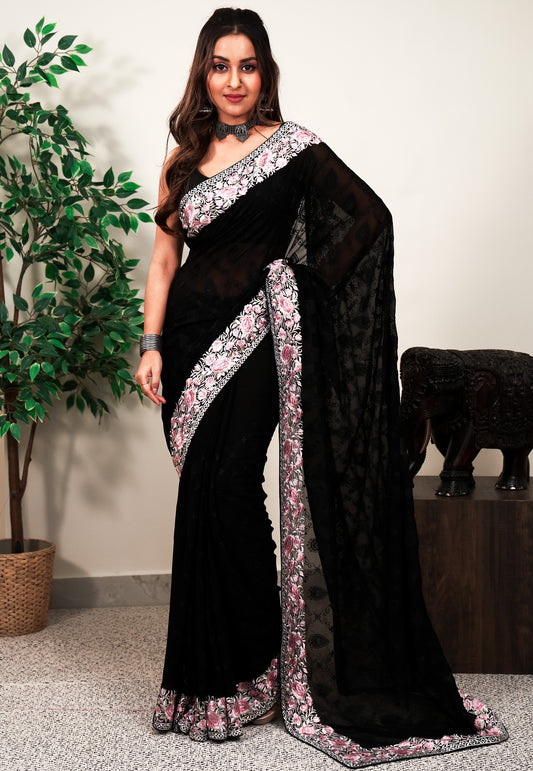 Black Gergette with Resham Embroidery work Saree with Blouse Piece