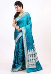Feroza Blue Mashru Silk Saree with Blouse Piece - Adi Akshoy & co.