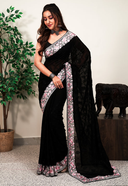 Black Gergette with Resham Embroidery work Saree with Blouse Piece