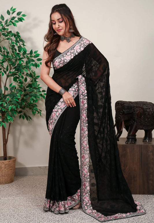 Black Gergette with Resham Embroidery work Saree with Blouse Piece