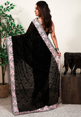 Black Gergette with Resham Embroidery work Saree with Blouse Piece