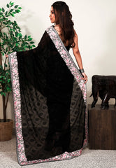 Black Gergette with Resham Embroidery work Saree with Blouse Piece