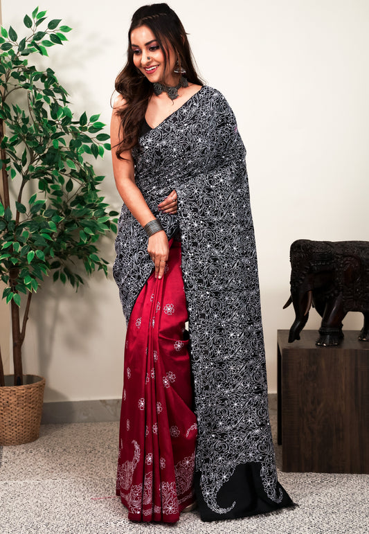 Black and Maroon half and half Design Kantha Pure Silk Saree With Blouse Piece