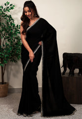 Black Embroidery Saree with Blouse Piece