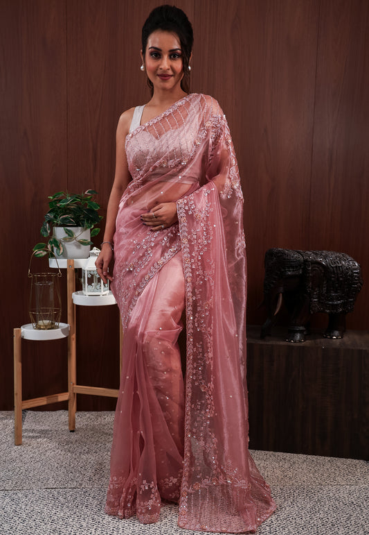 Peach Tissue with Hand Embroidery work Saree with Blouse Piece