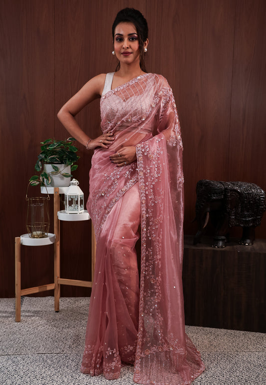 Peach Tissue with Hand Embroidery work Saree with Blouse Piece