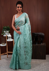 Sea Green Organza with Resham Embroidery work Saree with Blouse Piece