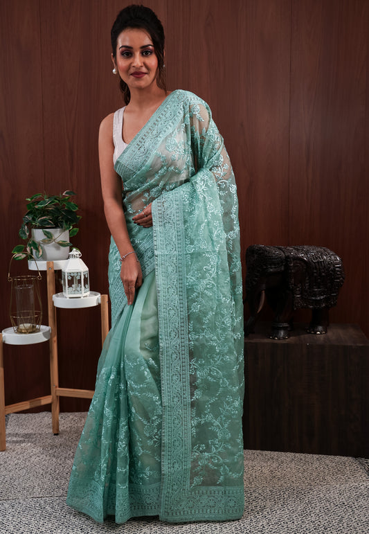 Sea Green Organza with Resham Embroidery work Saree with Blouse Piece