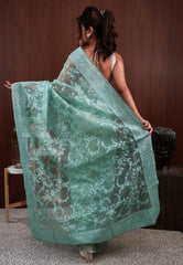 Sea Green Organza with Resham Embroidery work Saree with Blouse Piece