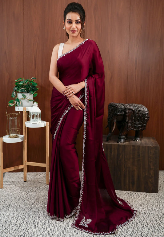 Magenta with Sequin Embroidery work Saree with Blouse Piece