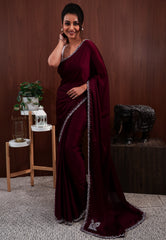 Magenta with Sequin Embroidery work Saree with Blouse Piece