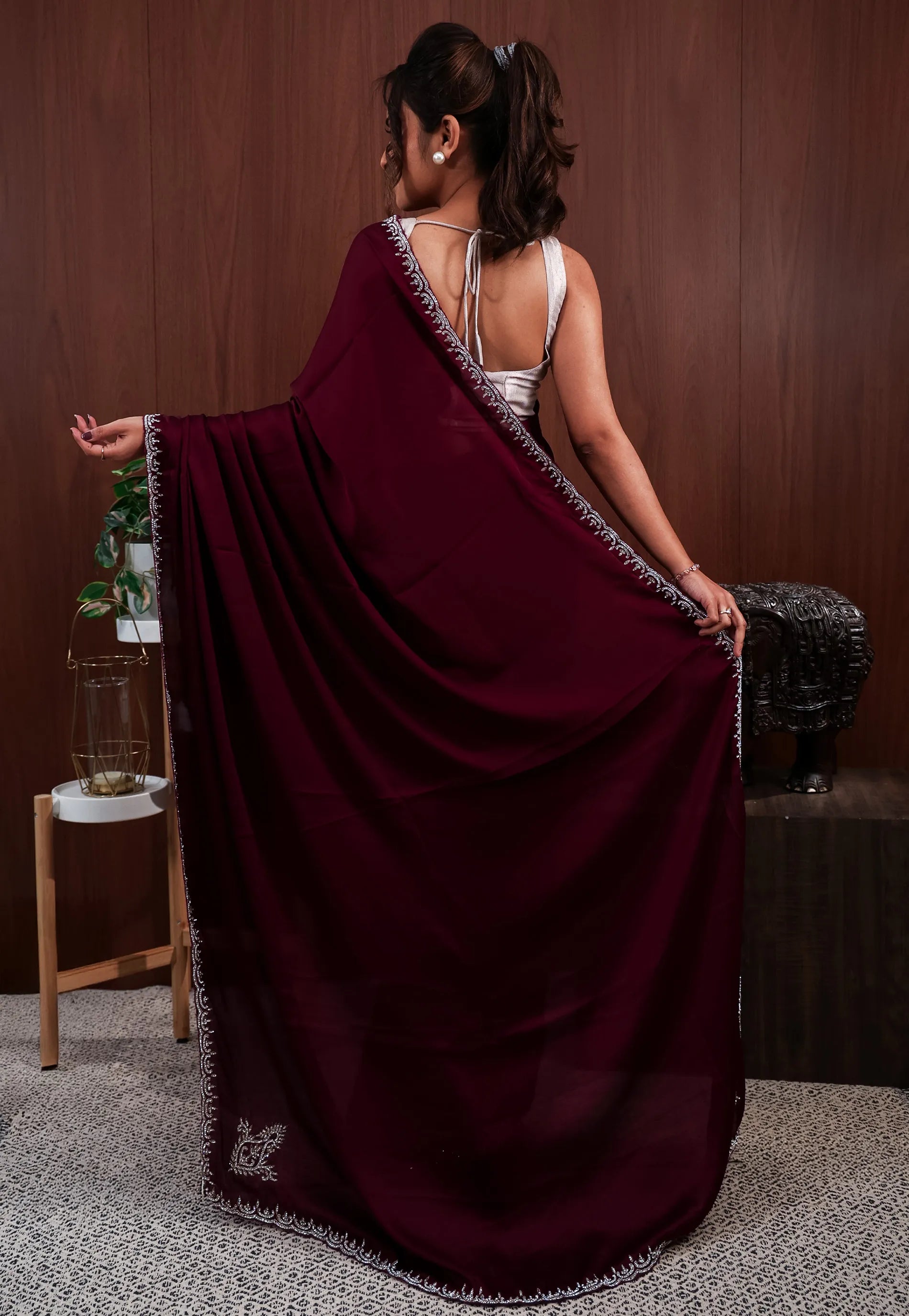 Magenta with Sequin Embroidery work Saree with Blouse Piece