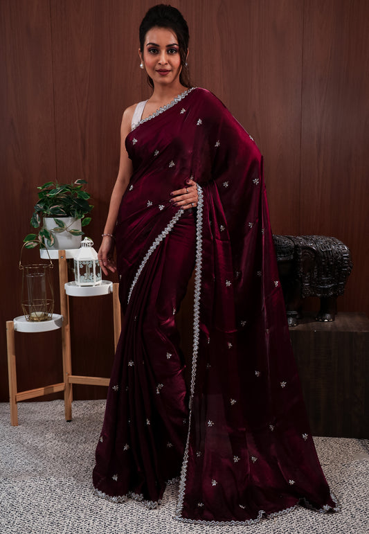 Magenta with sequin Embroidery work Saree with Blouse Piece