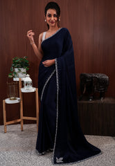 Navy Blue with sequin Embroidery work Saree with Blouse Piece