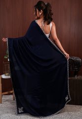 Navy Blue with sequin Embroidery work Saree with Blouse Piece