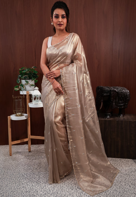 Golden Tissue with sequin Embroidery work Saree with Blouse Piece