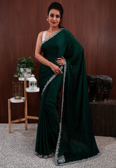 Bottle Green with sequin Embroidery work Saree with Blouse Piece