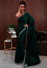 Bottle Green with sequin Embroidery work Saree with Blouse Piece