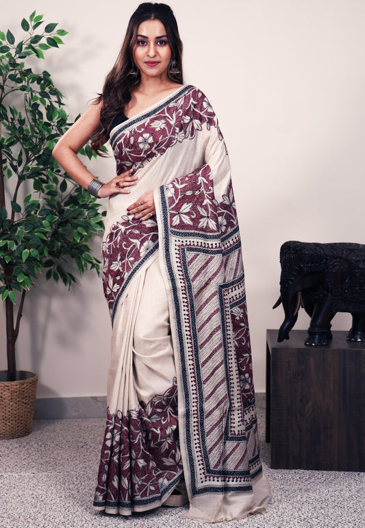 Off White Tussar Pure Silk Kantha Saree With Blouse Piece