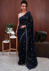 Dark Midnight Blue Embroidery Saree with Blouse Piece