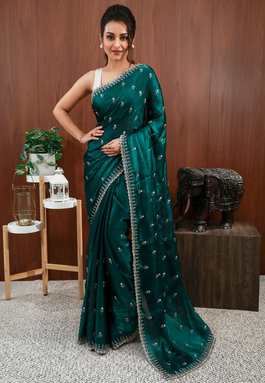Rama Green Embroidery Saree with Blouse Piece