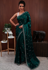 Rama Green Embroidery Saree with Blouse Piece