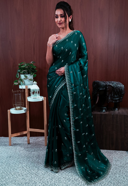 Rama Green Embroidery Saree with Blouse Piece